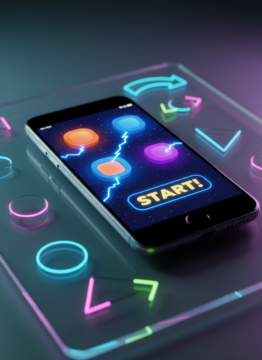 A close-up of a glossy smartphone lying diagonally on a neon-lit acrylic surface, its screen filled with a dynamic app advertisement: oversized, playful 3D buttons, animated lightning bolts, and a bold “START!” banner in bright yellow against a deep indigo background. Surrounding the phone are translucent acrylic shapes—circles, triangles, and arrows—glowing in cyan, magenta, and lime green, suggesting motion and interaction. The environment feels like a futuristic digital playground. Dramatic side lighting and subtle backlighting create vivid reflections and gradients across the acrylic, with crisp highlights along the phone’s metallic edges. Shot in photographic realism from a low-angle macro perspective, the foreground details are razor-sharp while the background falls into saturated, dreamy blur, conveying high-energy excitement and irresistible app engagement.