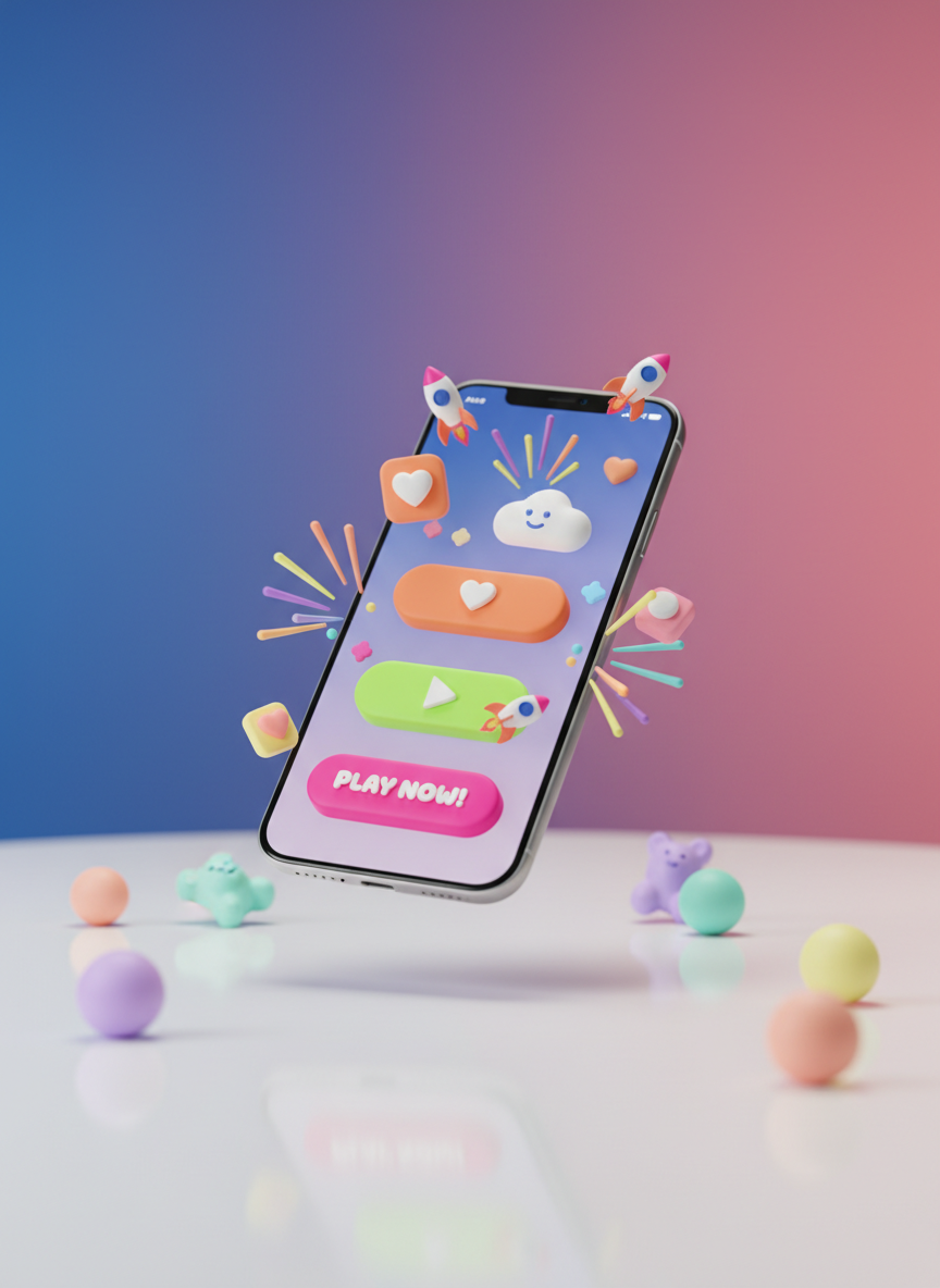 A vibrant smartphone screen floating above a glossy white tabletop, displaying a playful, colorful app interface filled with rounded buttons, bouncing icons, and animated starbursts that suggest excitement. Around the phone, scattered 3D app icons in candy-like pastel colors reflect softly on the table’s surface. The setting is a clean, minimal studio environment with a gradient backdrop shifting from electric blue to warm pink. Soft, diffused studio lighting creates gentle highlights on the glass screen and subtle shadows beneath the device. Shot at an eye-level angle with a shallow depth of field, the phone is centered in sharp focus while the background melts into creamy bokeh. The photographic realism and bold, saturated palette convey an energetic, fun, and highly engaging app advertising concept.