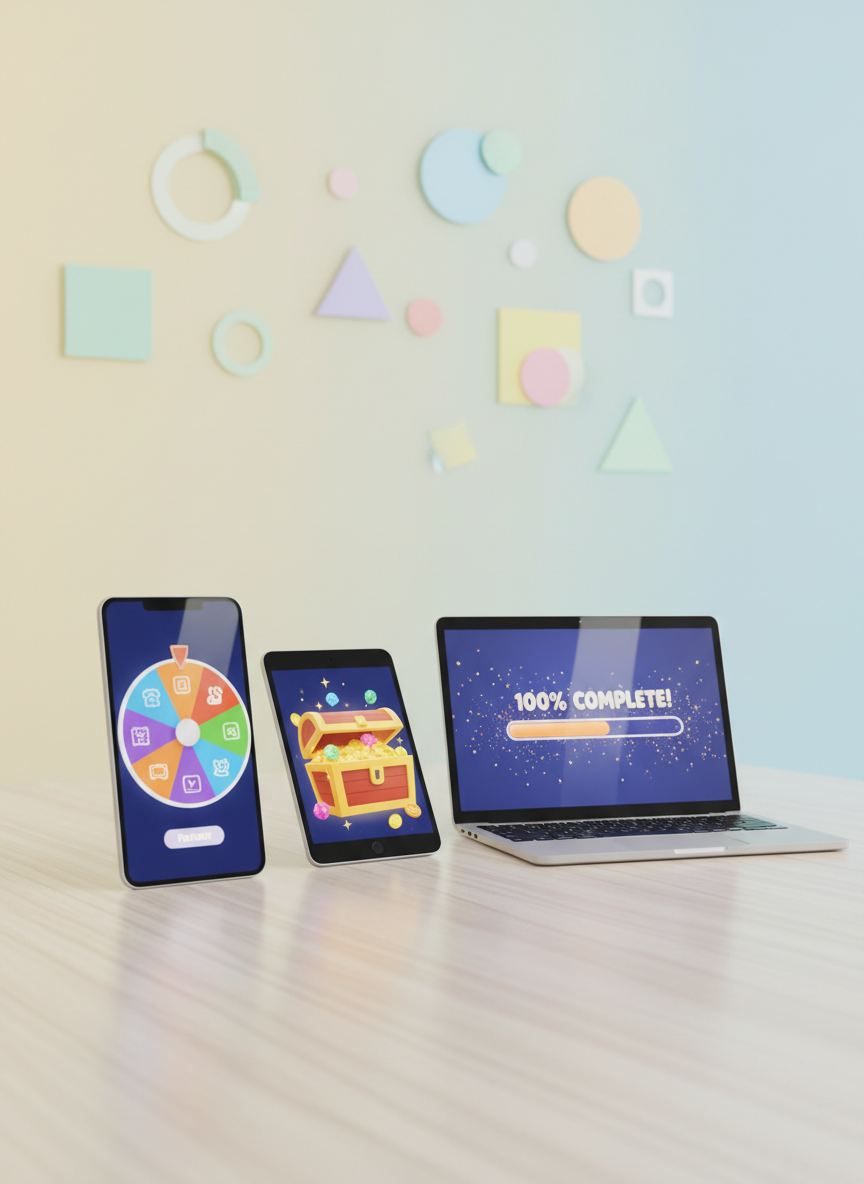 A cluster of different devices—a sleek smartphone, compact tablet, and slim laptop—arranged in a playful arc on a light wood desk, each screen showing a different vibrant screen from the same whimsical app: a spinning wheel, a treasure chest, and a colorful progress bar bursting with confetti. The background features a softly blurred, bright gradient wall with abstract geometric shapes hinting at digital creativity. Bright, even studio lighting illuminates the glossy screens, creating sharp reflections and crisp edges, while casting soft, controlled shadows behind the devices. Captured from a slightly elevated three-quarter angle, the composition follows the rule of thirds, emphasizing cross-platform versatility. The photographic style is clean and modern, with a joyful, energetic atmosphere perfect for an app advertising portfolio hero image.